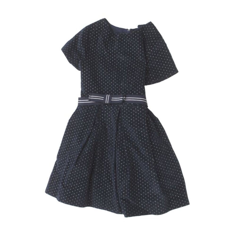 Jacadi Childrens Girls Polka Dot Belted Pleated A Line Dress Navy Blue Size 5